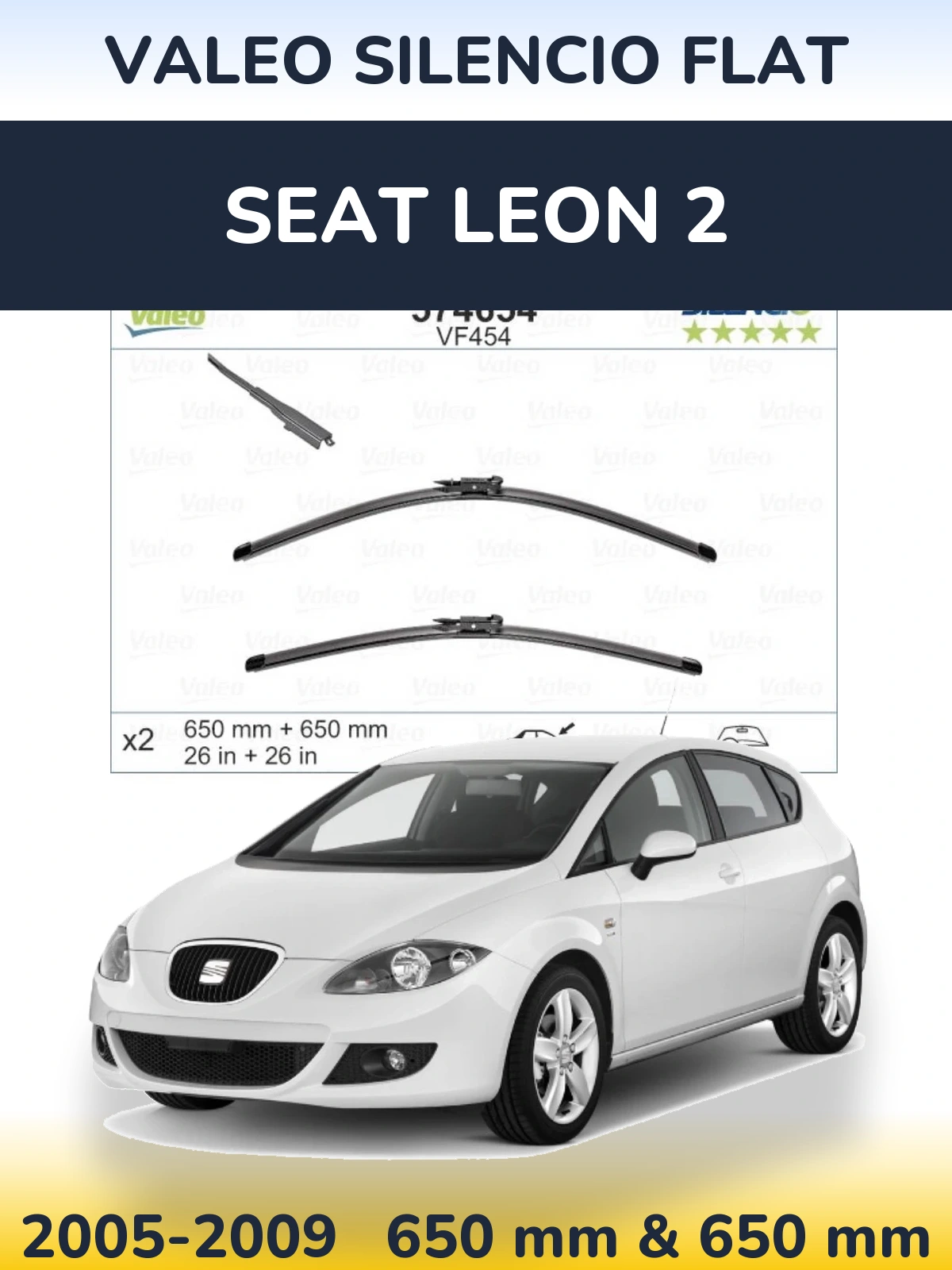 Front wiper blade set Valeo Silencio Flat 650 & 650 mm for SEAT Leon 2 2005-2009