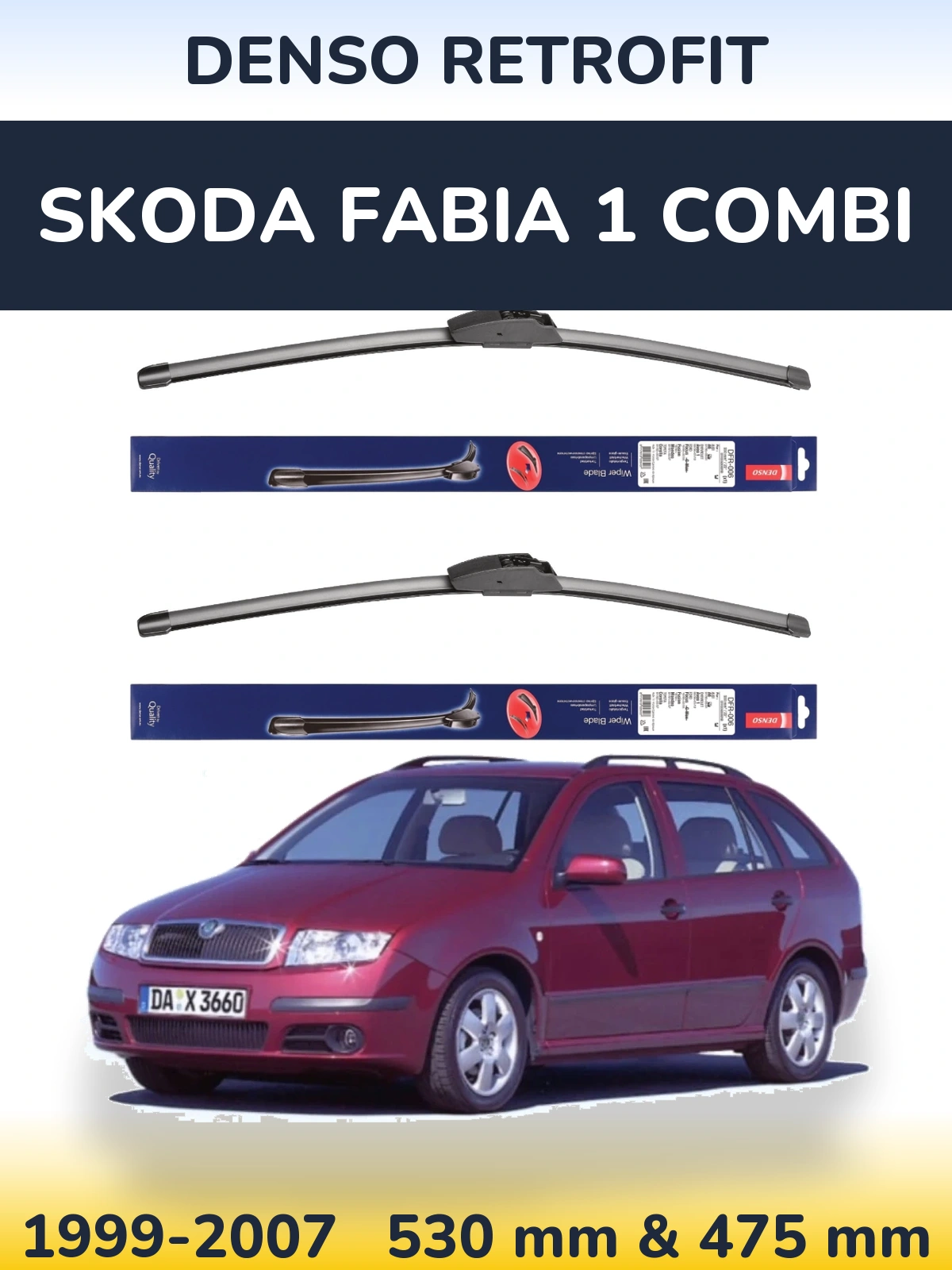 Front wiper blade set Denso Retrofit 530 & 475 мм for Skoda Fabia 1 Combi 1999-2007