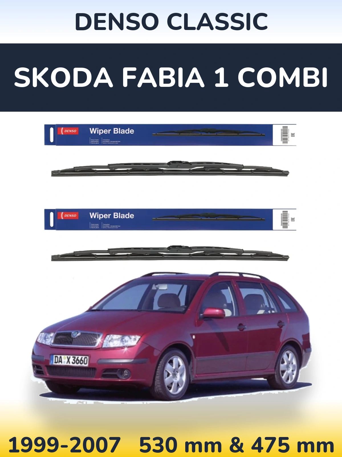Front wiper blade set Denso Classic 530 & 475 mm for Skoda Fabia 1 Combi 1999-2007