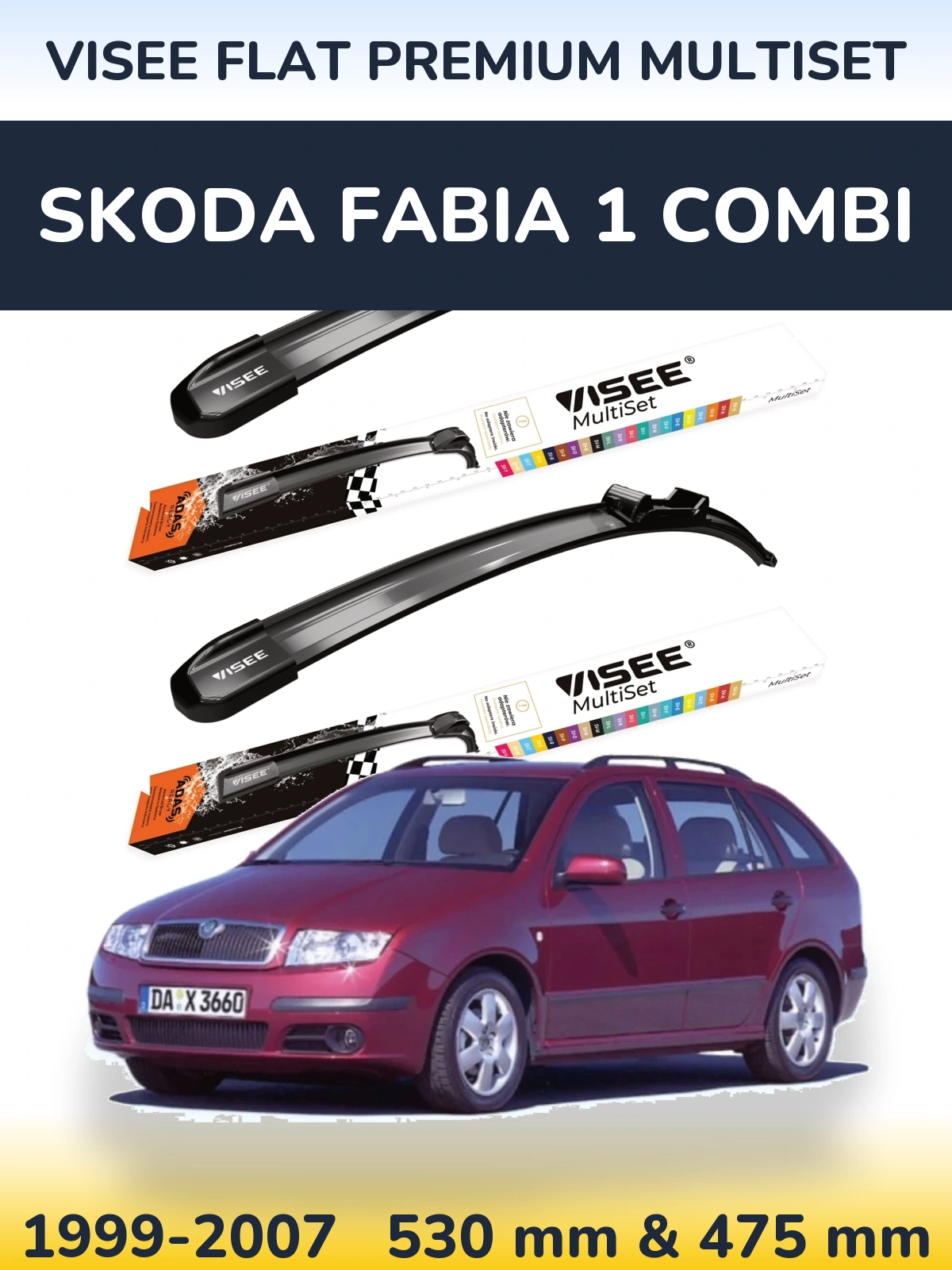 Front wiper blade set VISEE FLAT PREMIUM MultiSet 530 & 475 mm for Skoda Fabia 1 Combi 1999-2007