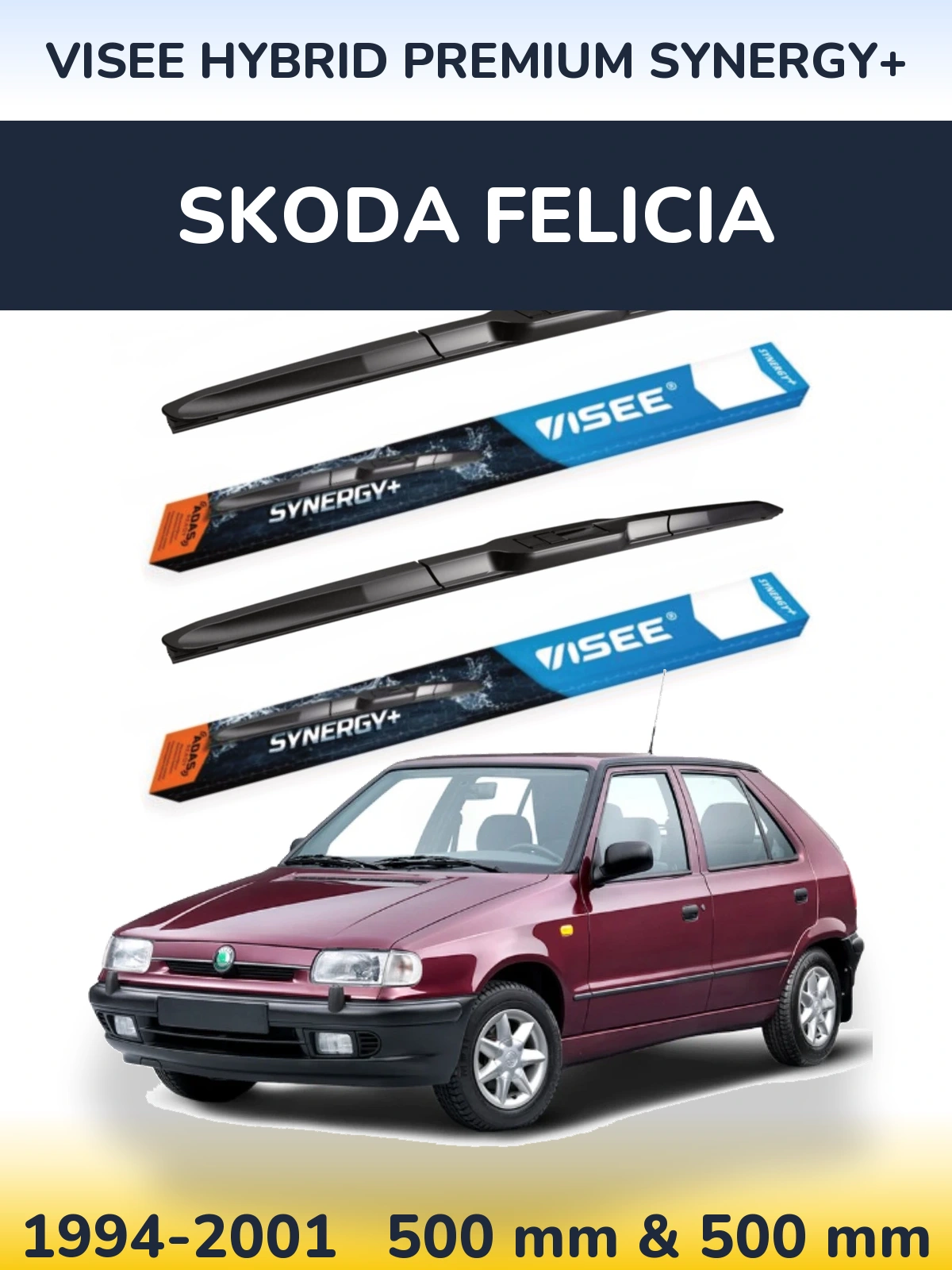 Front wiper blade set VISEE HYBRID PREMIUM SYNERGY+ 500 & 500 mm for Skoda Felicia 1994-2001