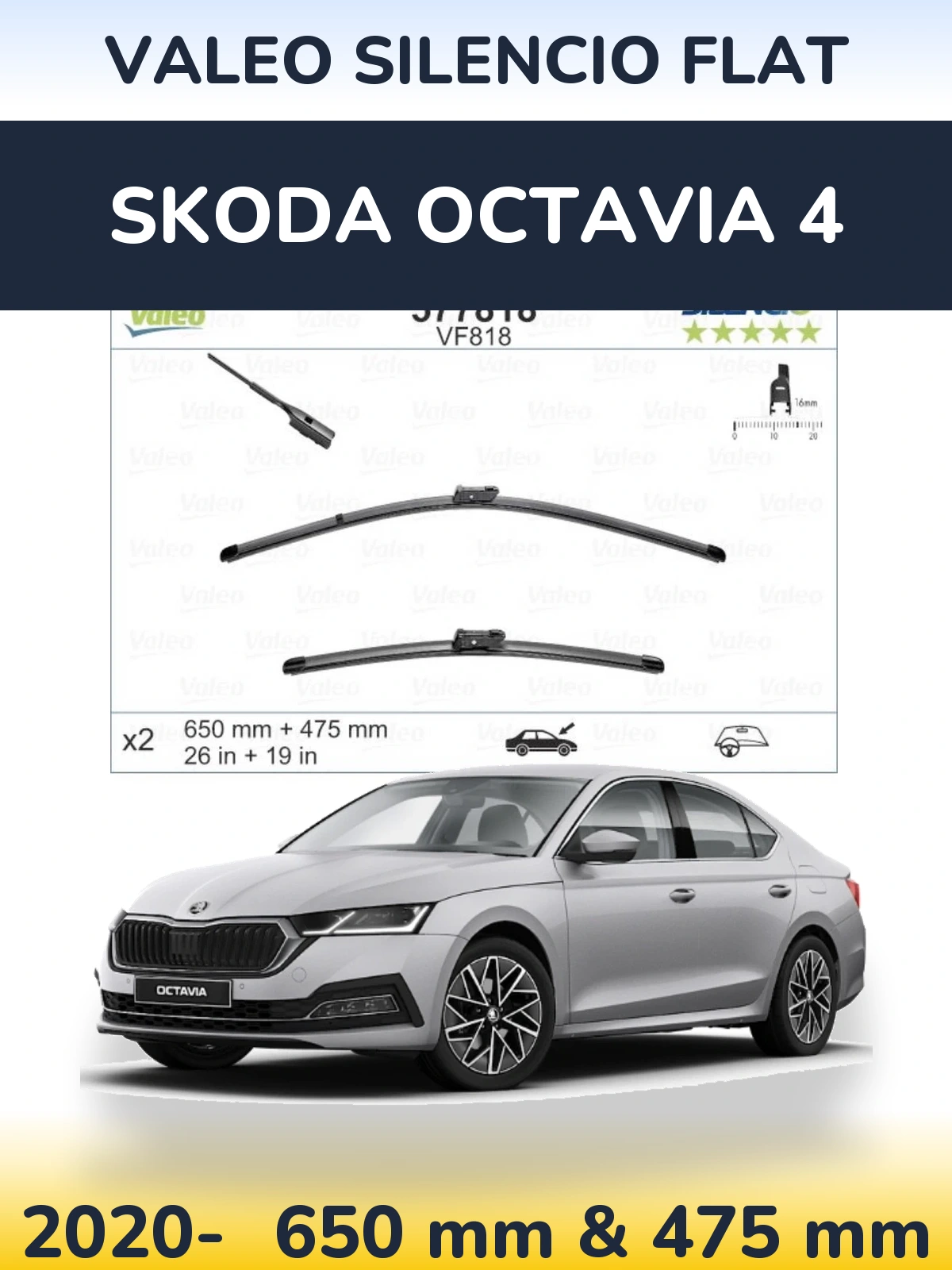 Front wiper blade set Valeo Silencio Flat 650 & 475 mm for Skoda Octavia 4 2020-2026