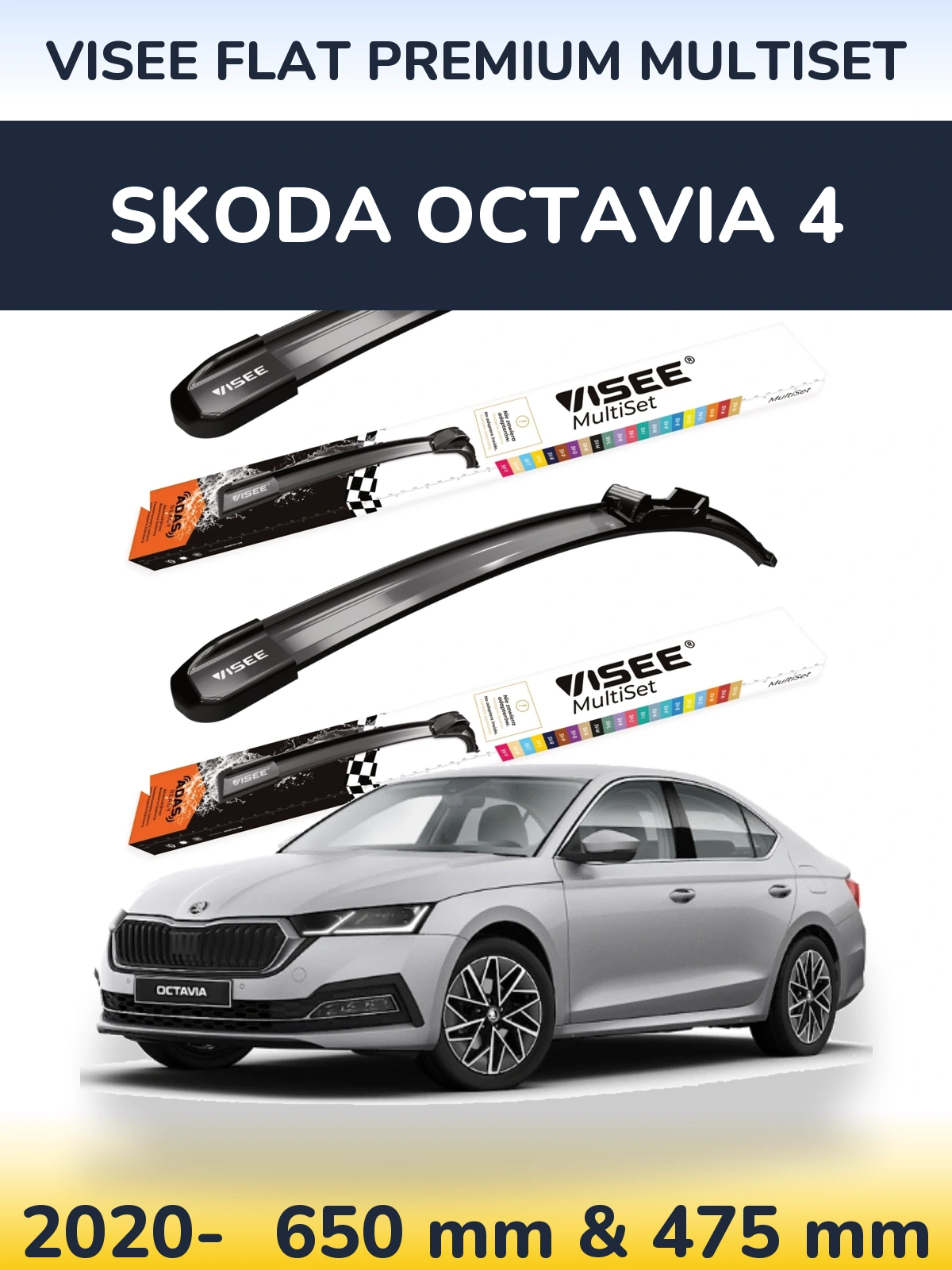 Front wiper blade set VISEE FLAT PREMIUM MultiSet 650 & 475 mm for Skoda Octavia 4 2020-2026
