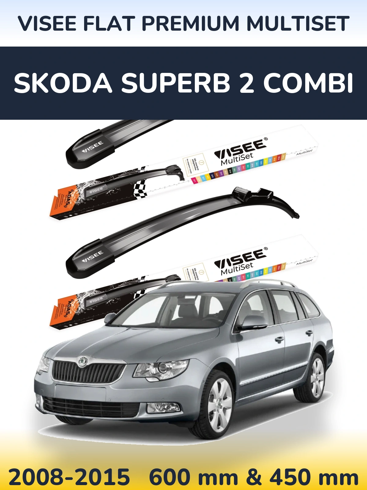 Комплект передних дворников VISEE FLAT PREMIUM MultiSet 600 & 450 мм для Skoda Superb 2 Combi 2008-2015