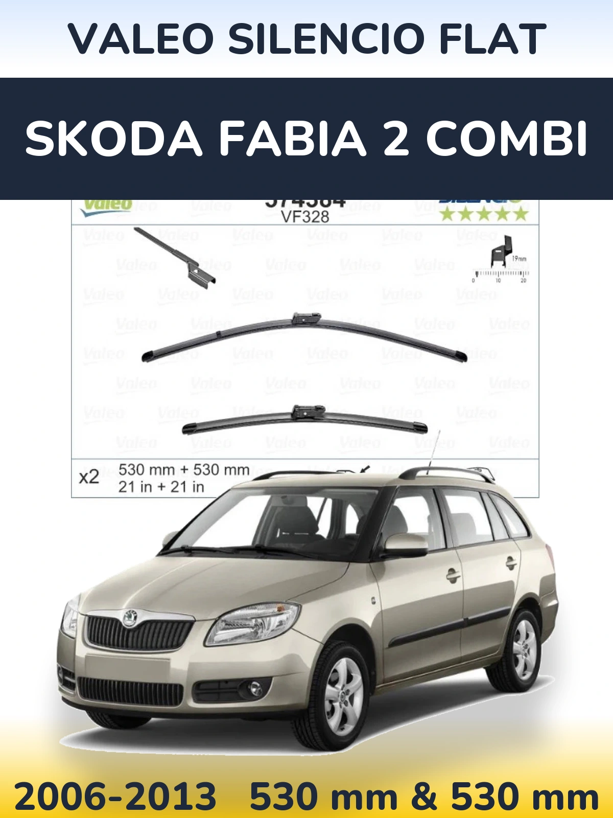 Front wiper blade set Valeo Silencio Flat 530 & 520 mm for Skoda Fabia 2 Combi 2006-2013