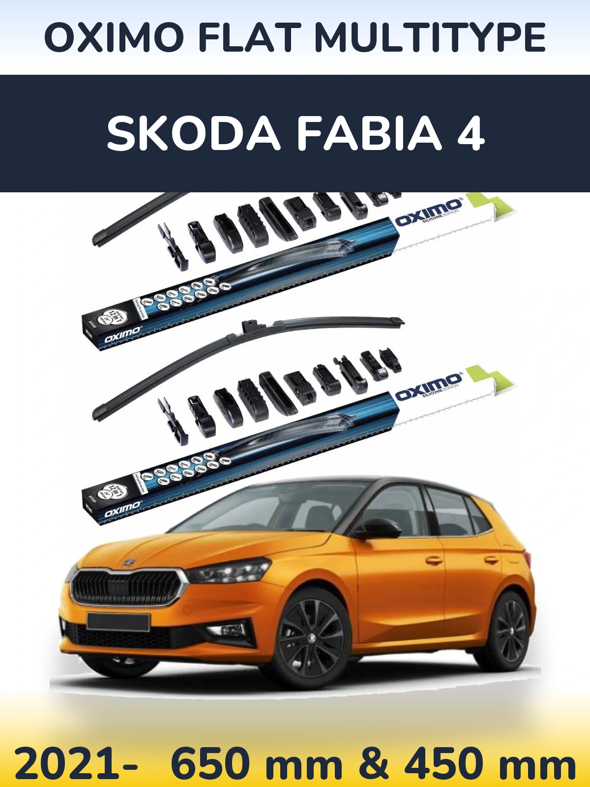 Комплект передніх щіток Oximo Flat MultiТипe 650 & 450 мм для Skoda Fabia 4 2021-2026