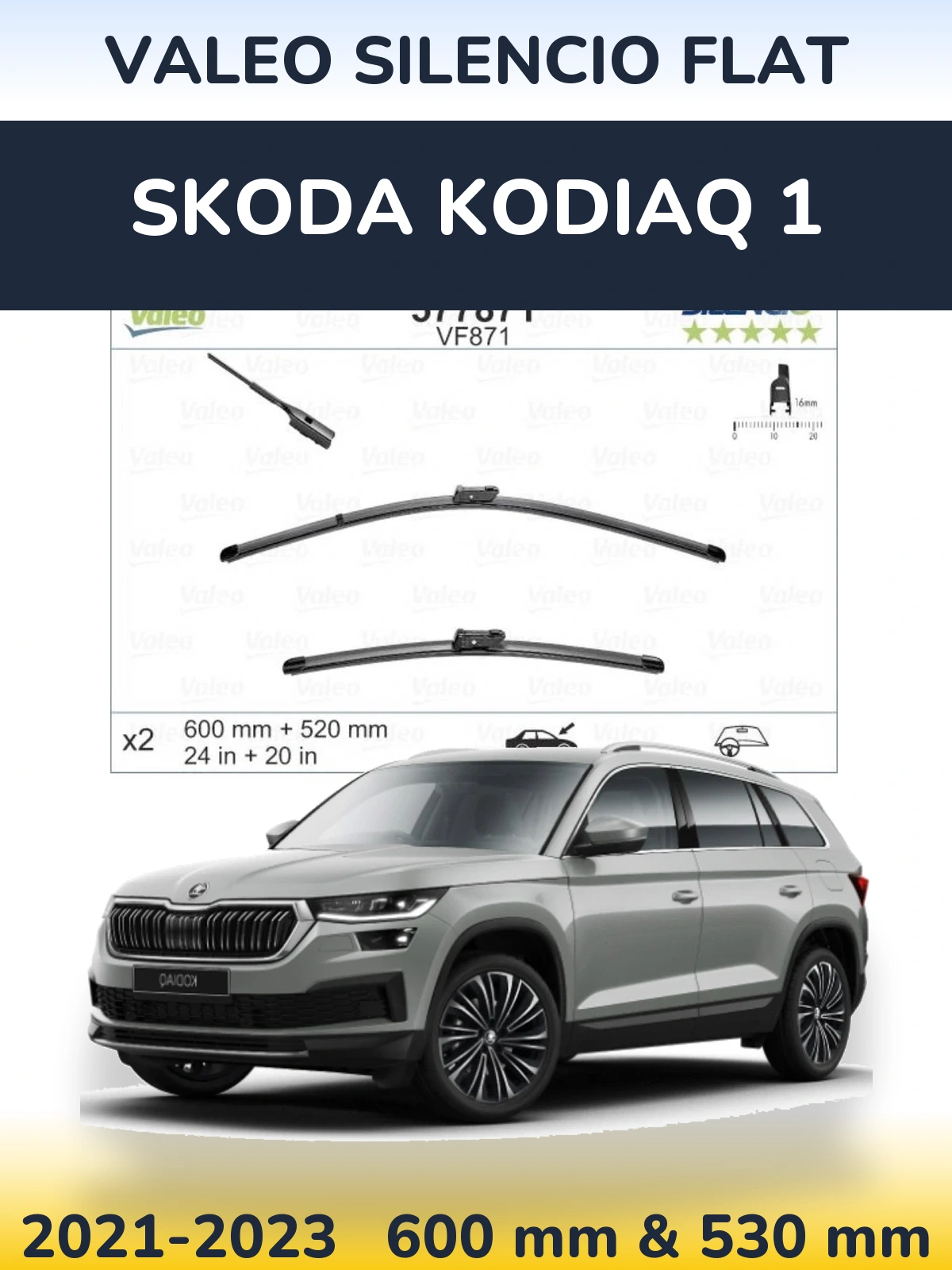 Komplet przednich wycieraczek Valeo Silencio Flat 600 & 520 mm do Skoda Kodiaq 1 2021-2023