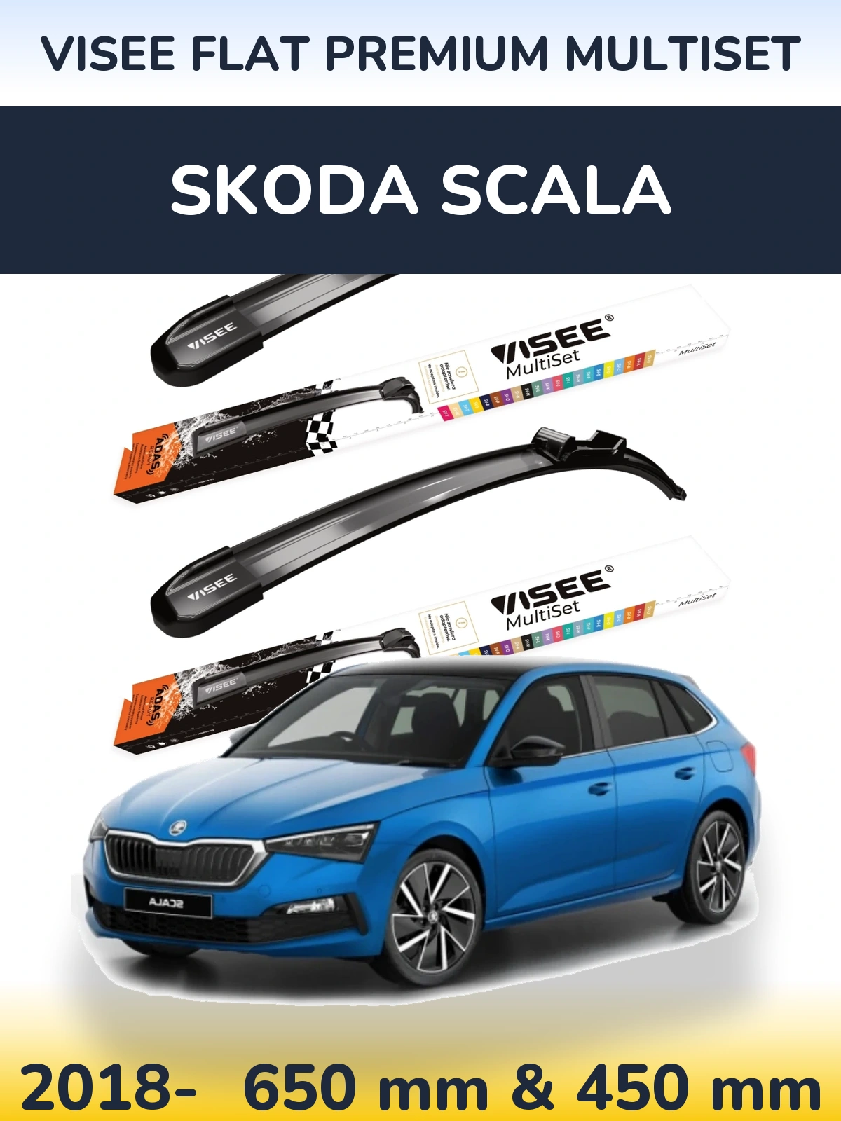 Komplet przednich wycieraczek VISEE FLAT PREMIUM MultiSet 650 & 450 mm do Skoda Scala 2018-2026