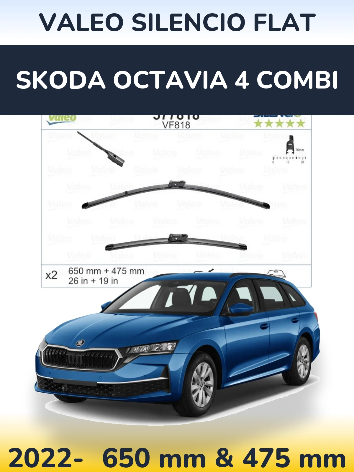 Front wiper blade set Valeo Silencio Flat 650 & 475 mm for Skoda Octavia 4 Combi 2022-2026