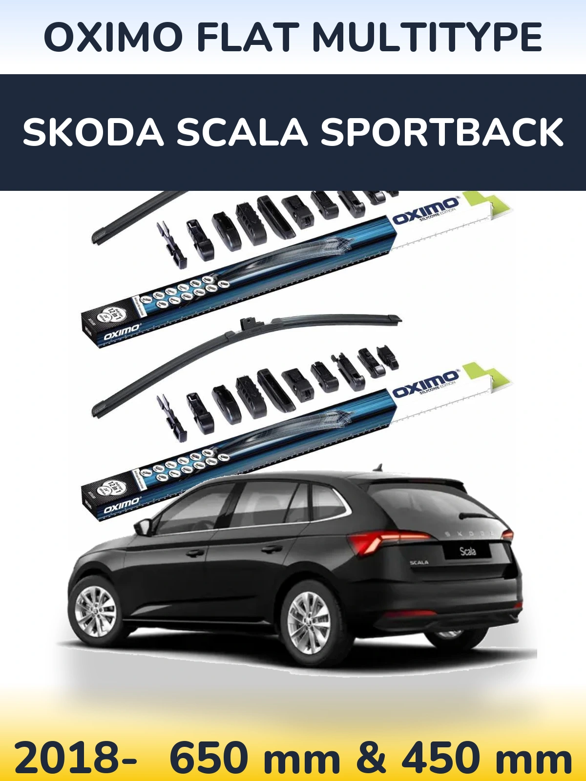 Комплект передніх щіток Oximo Flat MultiТипe 650 & 450 мм для Skoda Scala Sportback 2018-2026