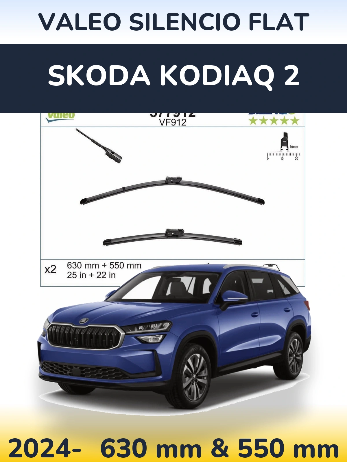 Front wiper blade set Valeo Silencio Flat 630 & 550 mm for Skoda Kodiaq 2 2024-2026