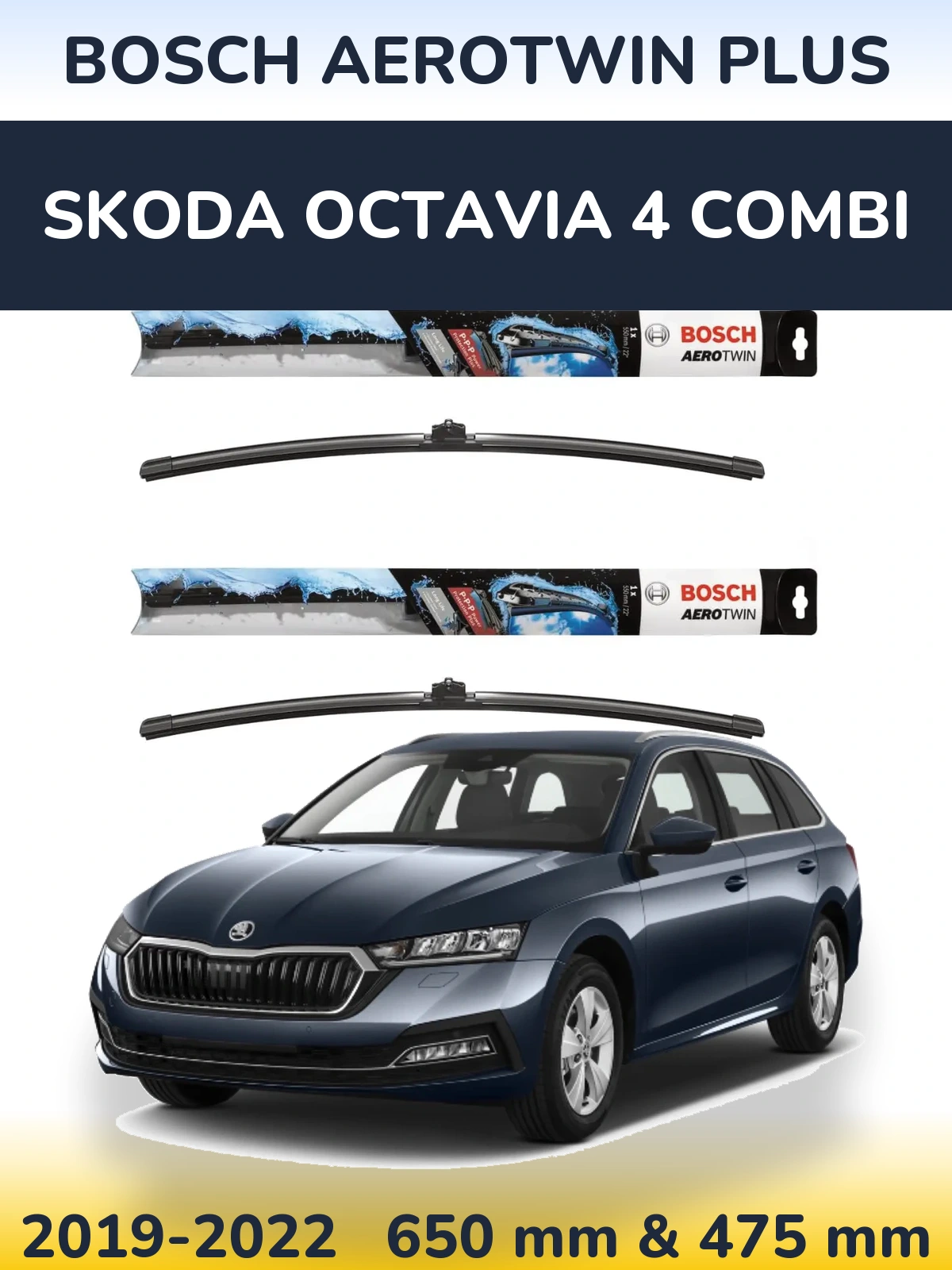 Front wiper blade set BOSCH AeroTwin Plus 650 & 475 mm for Skoda Octavia 4 Combi 2019-2022