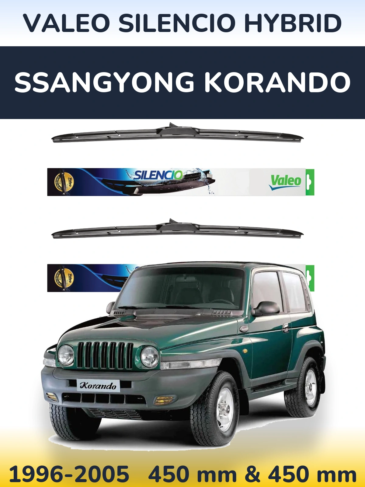 Komplet przednich wycieraczek Valeo Silencio Hybrid 450 & 450 mm do SsangYong Korando 1996-2005