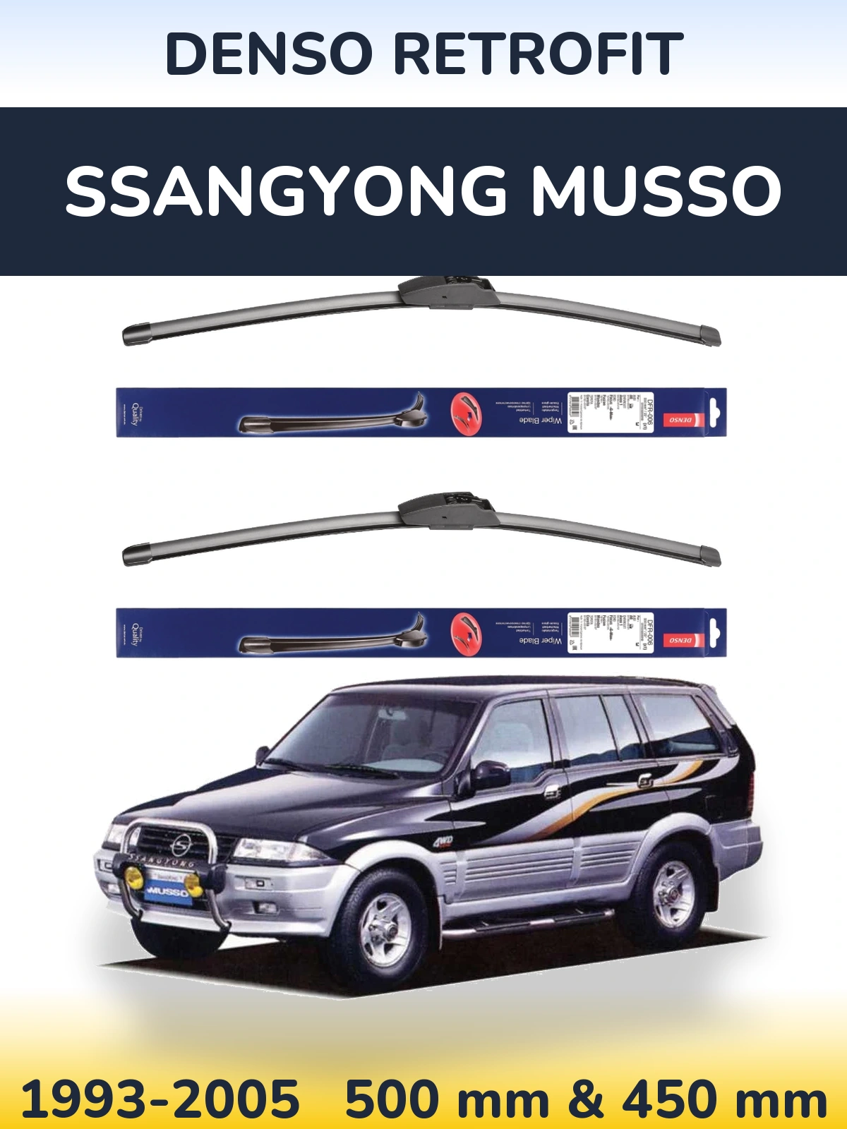 Front wiper blade set Denso Retrofit 500 & 450 мм for SsangYong Musso 1993-2005