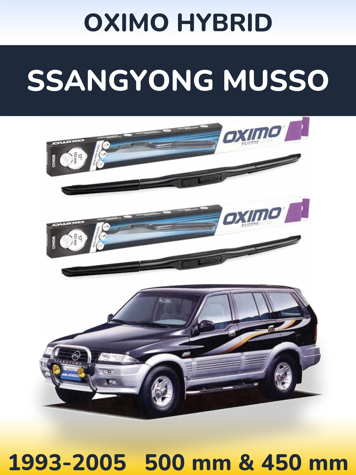 Komplet przednich wycieraczek Oximo Hybrid 500 & 450 mm do SsangYong Musso 1993-2005