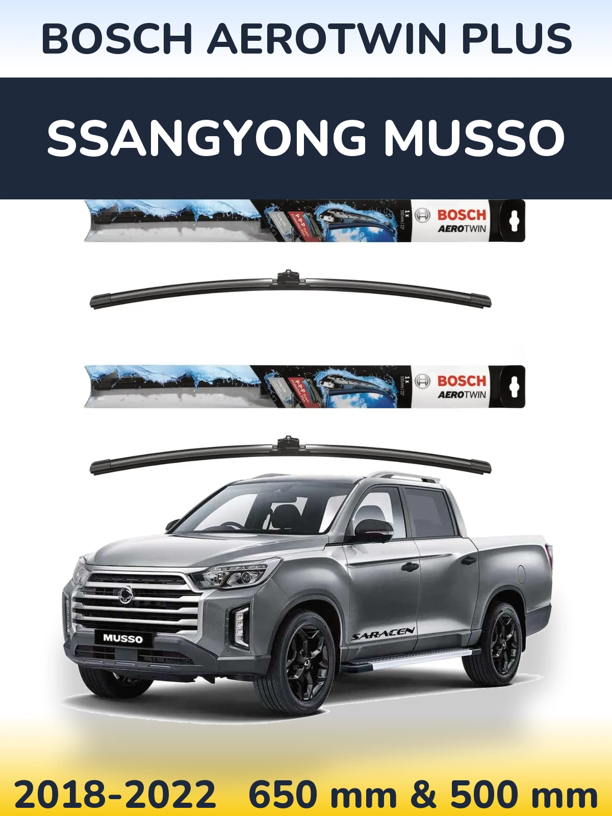 Front wiper blade set BOSCH AeroTwin Plus 650 & 500 мм for SsangYong Musso 2018-2022