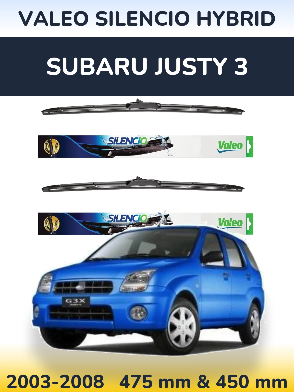 Front wiper blade set Valeo Silencio Hybrid 475 & 450 мм for Subaru Justy 3 2003-2008