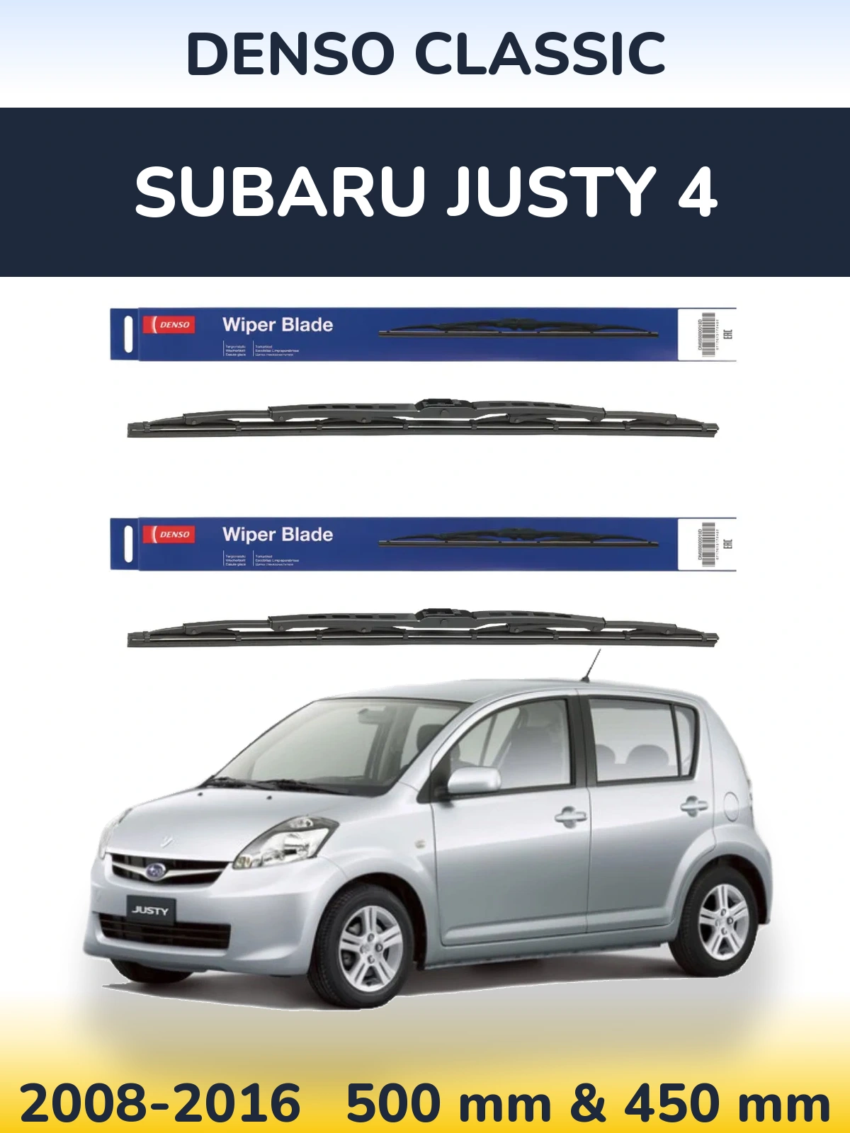 Front wiper blade set Denso Classic 500 & 450 mm for Subaru Justy 4 2008-2016