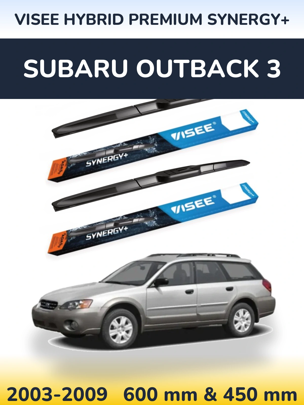 Front wiper blade set VISEE HYBRID PREMIUM SYNERGY+ 600 & 450 mm for Subaru Outback 3 2003-2009
