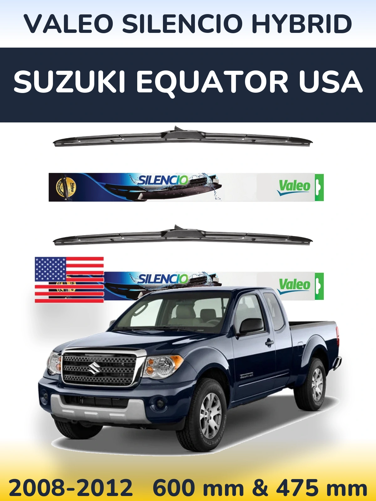 Комплект передніх щіток Valeo Silencio Hybrid 600 & 475 мм для Suzuki Equator USA 2008-2012