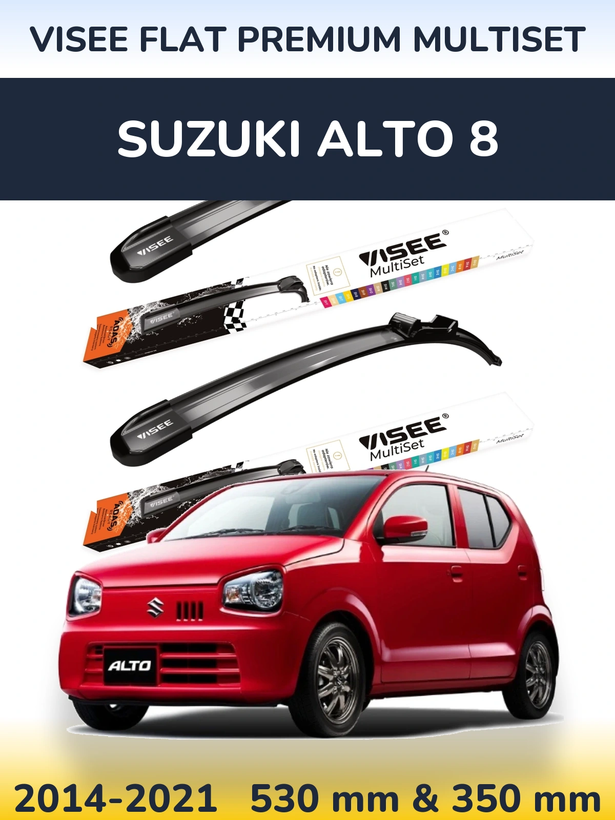 Komplet przednich wycieraczek VISEE FLAT PREMIUM MultiSet 530 & 350 mm do Suzuki Alto 8 2014-2021