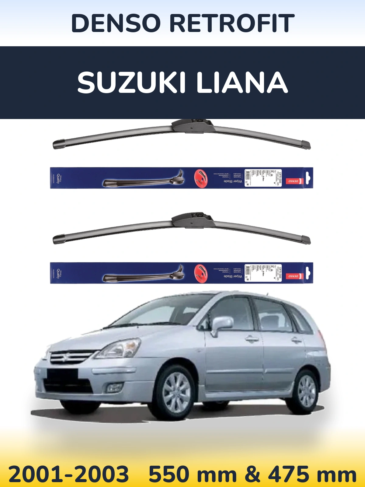 Front wiper blade set Denso Retrofit 550 & 475 mm for Suzuki Liana 2001-2003