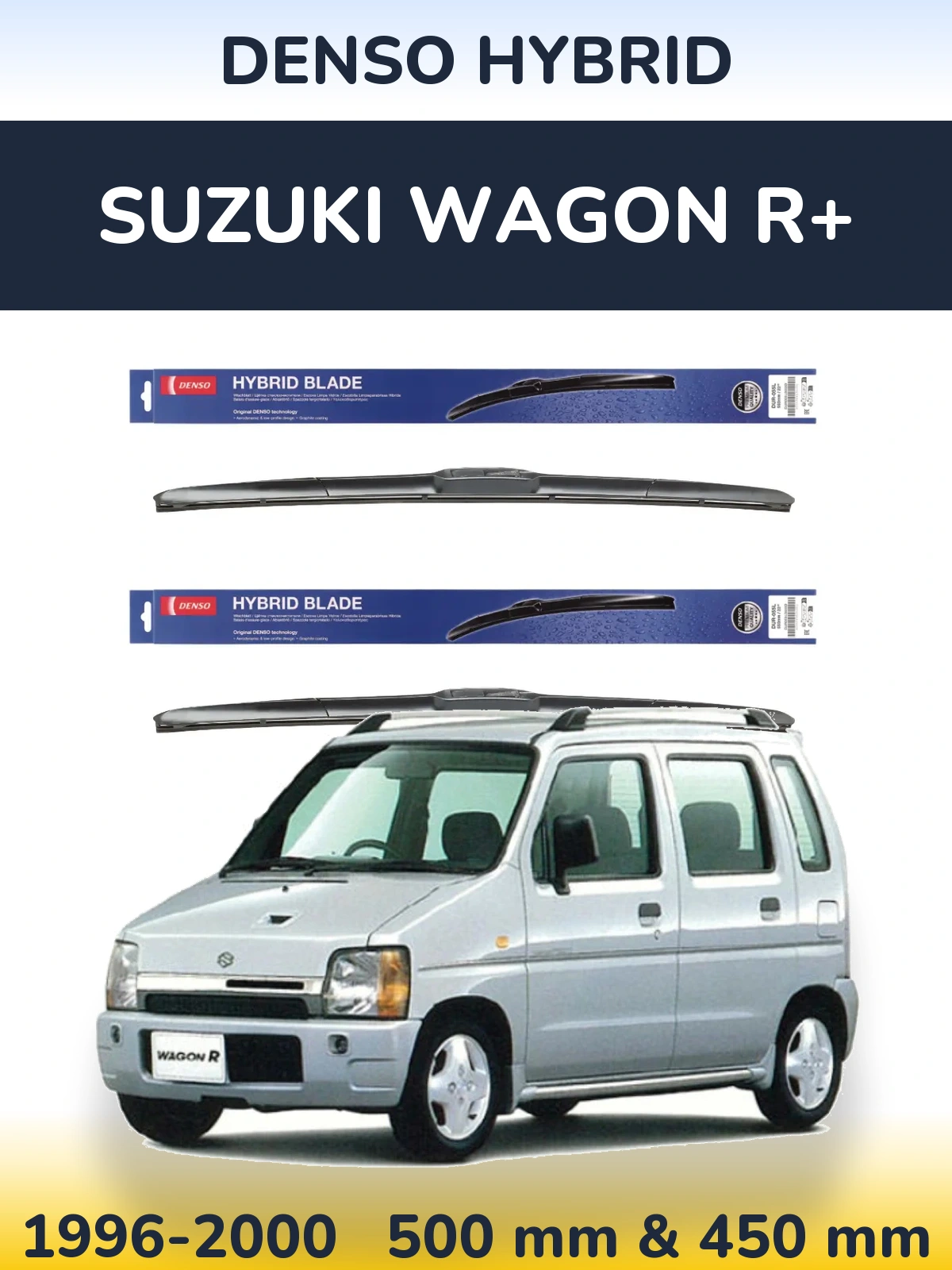 Front wiper blade set Denso Hybrid 500 & 450 mm for Suzuki Wagon R+ 1996-2000