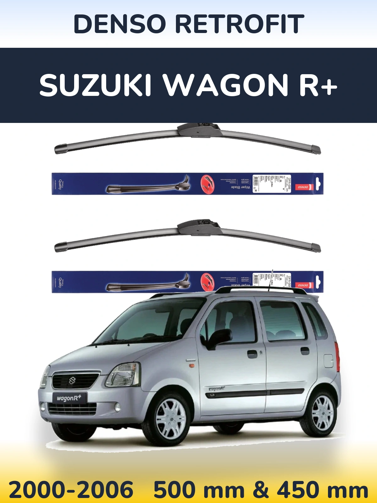 Front wiper blade set Denso Retrofit 500 & 450 mm for Suzuki Wagon R+ 2000-2006