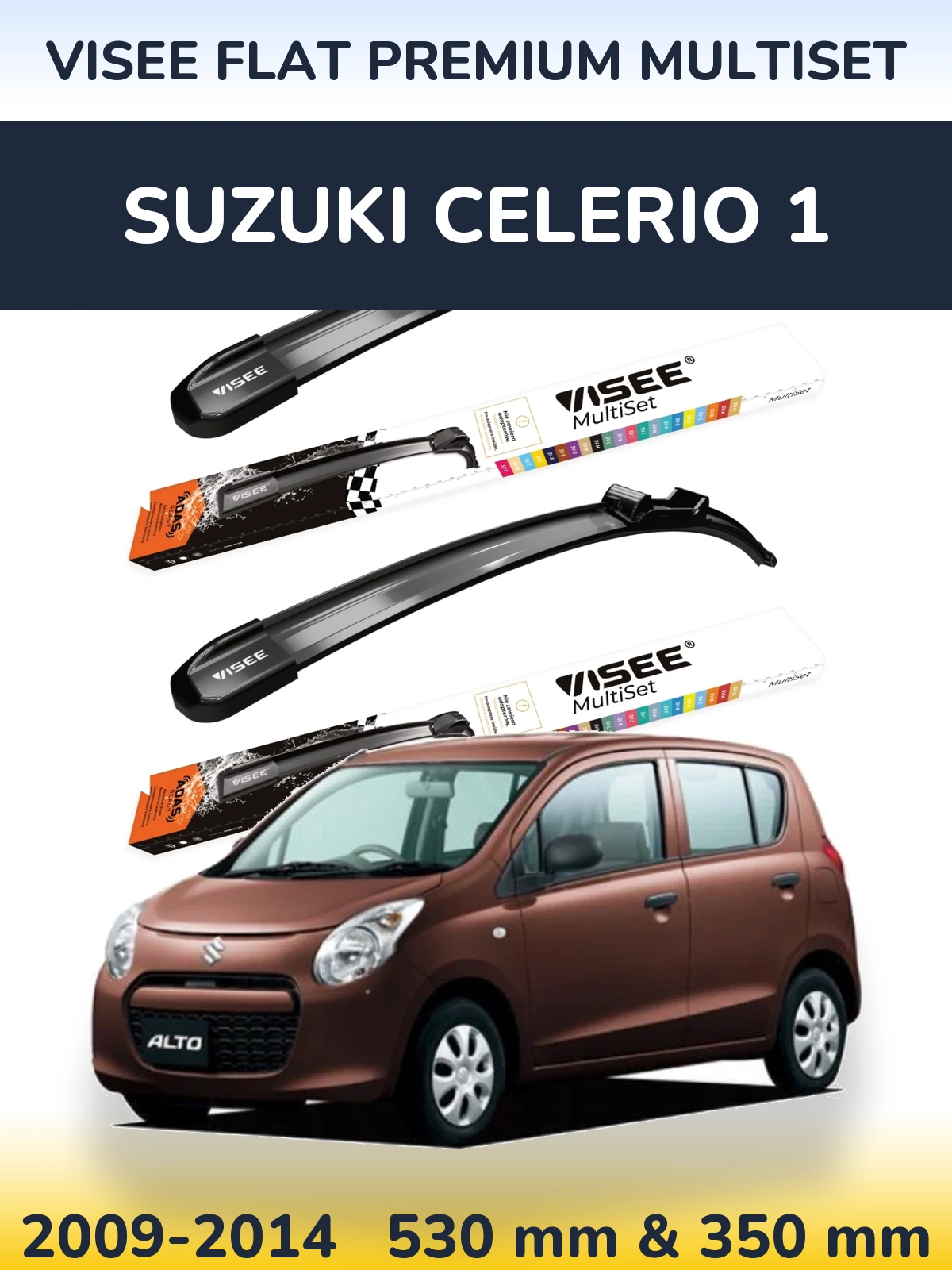 Komplet przednich wycieraczek VISEE FLAT PREMIUM MultiSet 530 & 350 mm do Suzuki Celerio 1 2009-2014