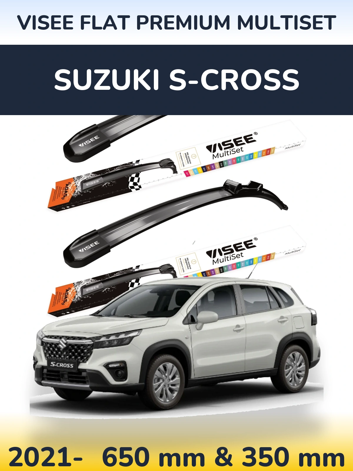 Komplet przednich wycieraczek VISEE FLAT PREMIUM MultiSet 650 & 350 mm do Suzuki S-Cross 2021-2026