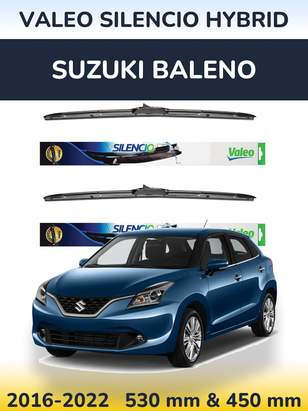 Front wiper blade set Valeo Silencio Hybrid 530 & 450 мм for Suzuki Baleno 2016-2022
