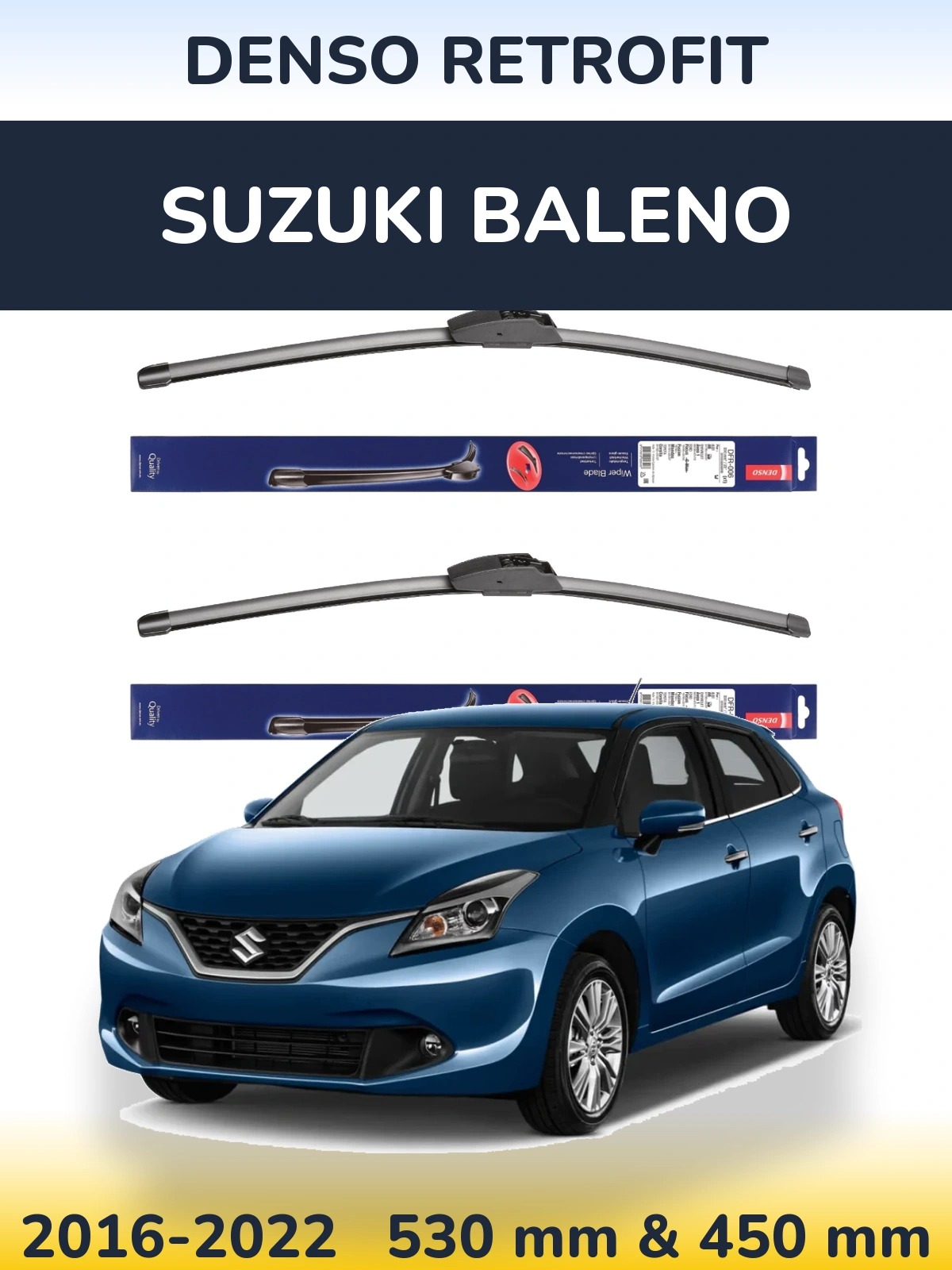 Front wiper blade set Denso Retrofit 530 & 450 mm for Suzuki Baleno 2016-2022