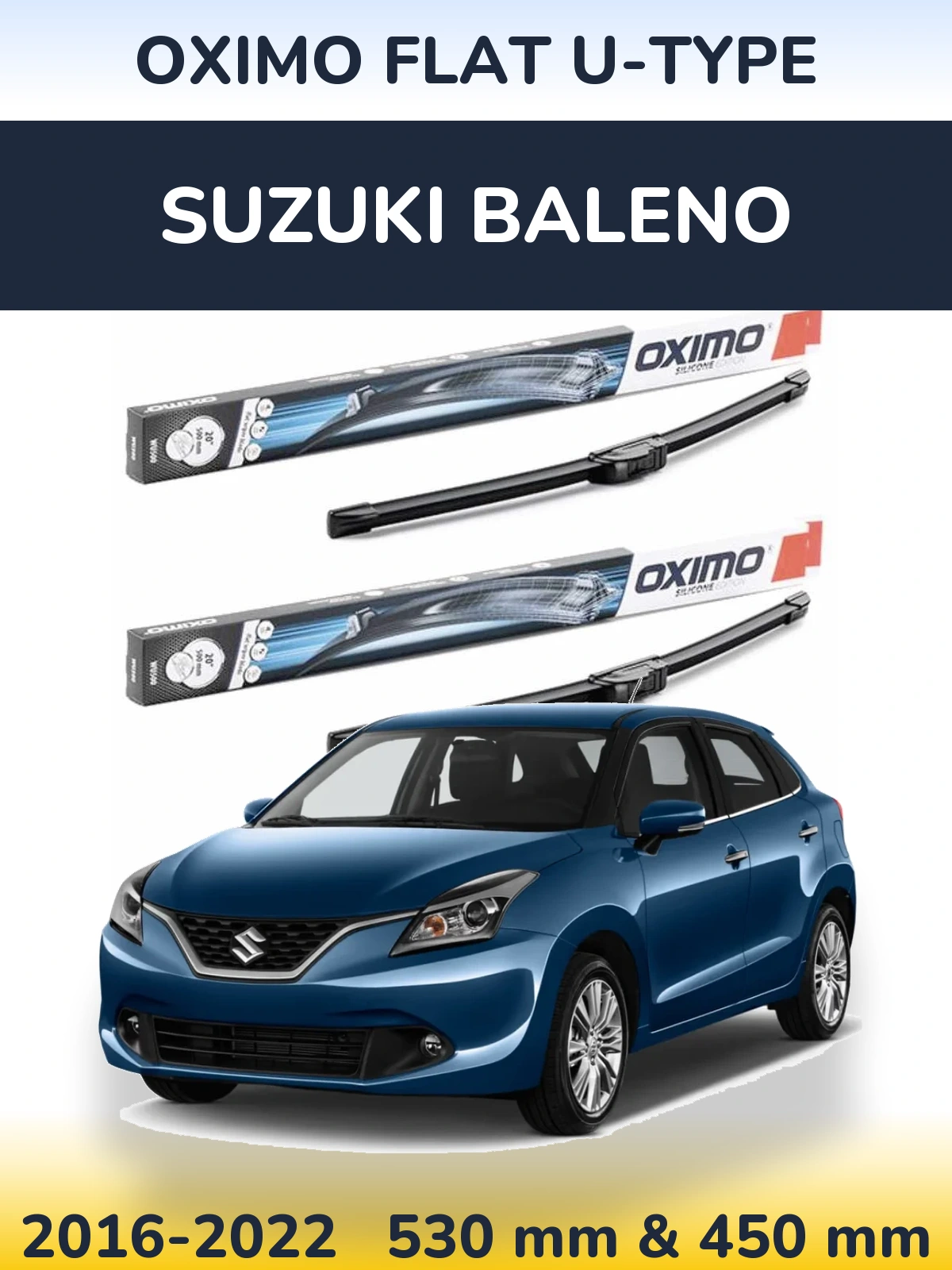 Комплект передних дворников Oximo Flat U-type 530 & 450 мм для Suzuki Baleno 2016-2022