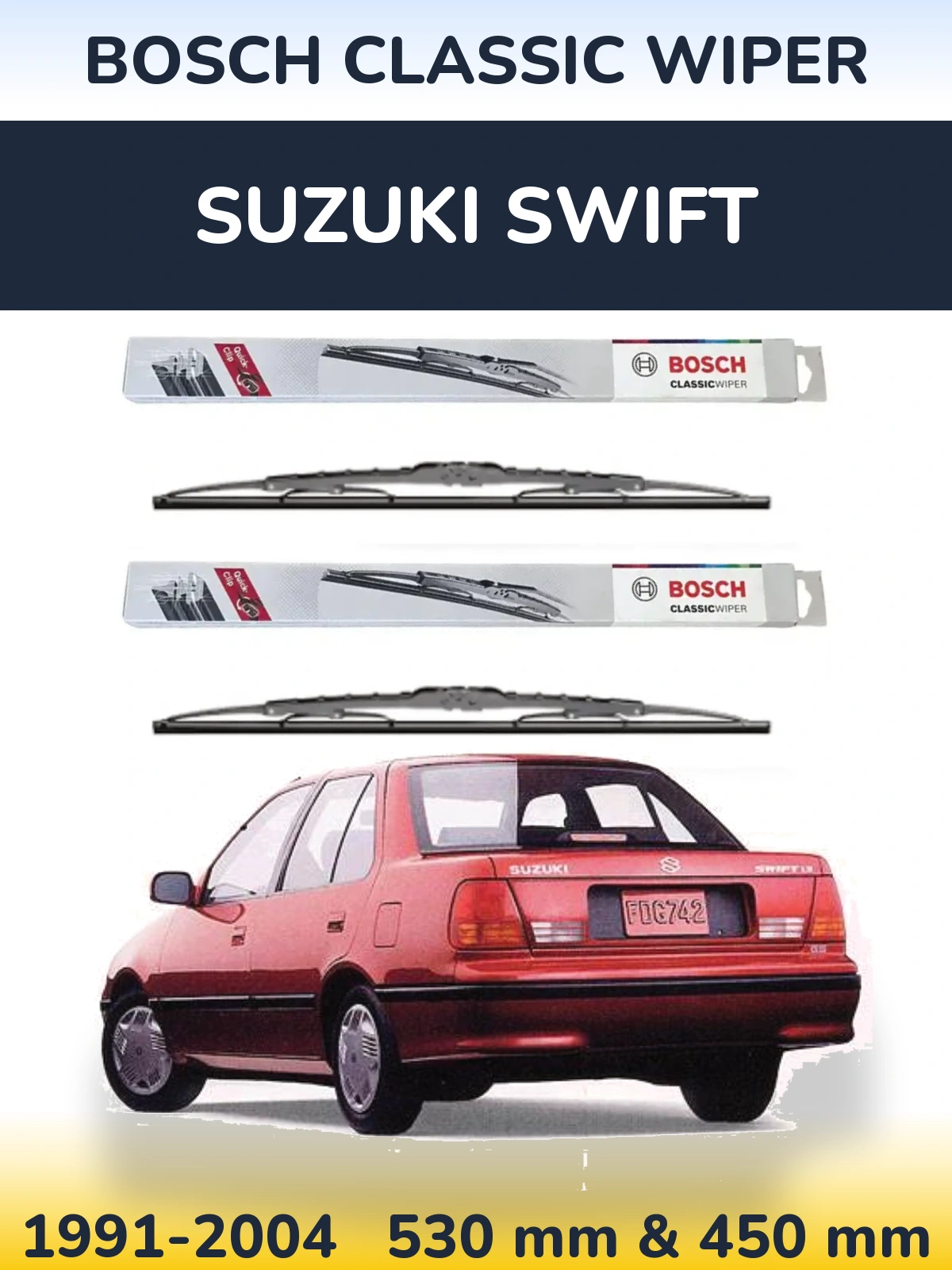 Front wiper blade set BOSCH Classic Wiper 530 & 450 мм for Suzuki Swift 1991-2004