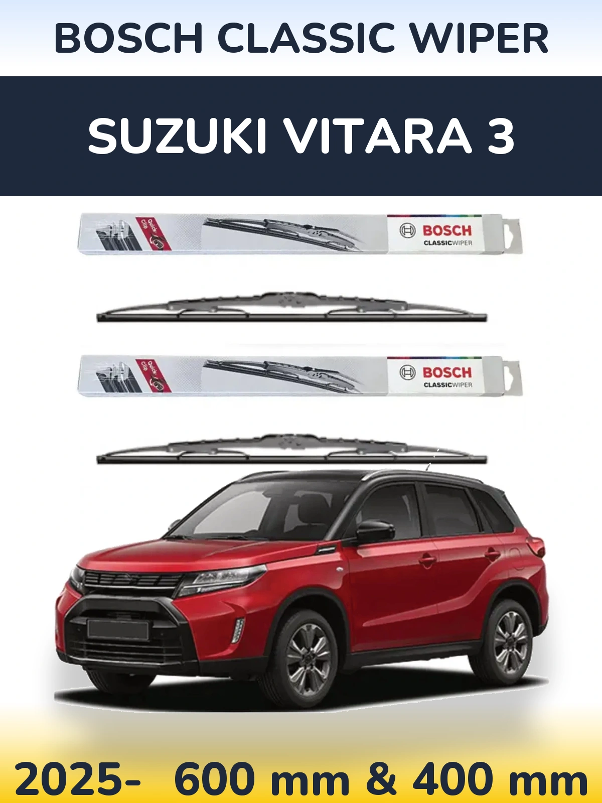 Front wiper blade set BOSCH Classic Wiper 600 & 400 mm for Suzuki Vitara 3 2025-2026