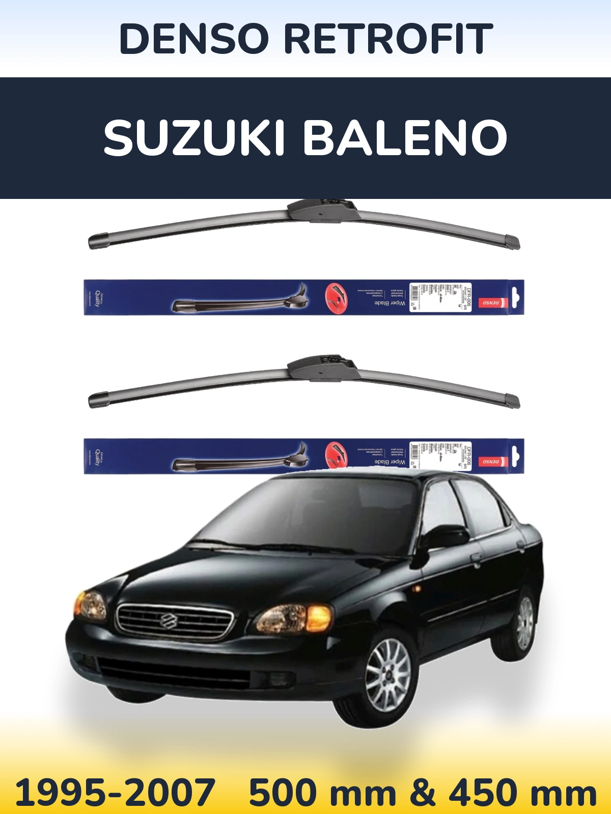 Front wiper blade set Denso Retrofit 500 & 450 mm for Suzuki Baleno 1995-2007
