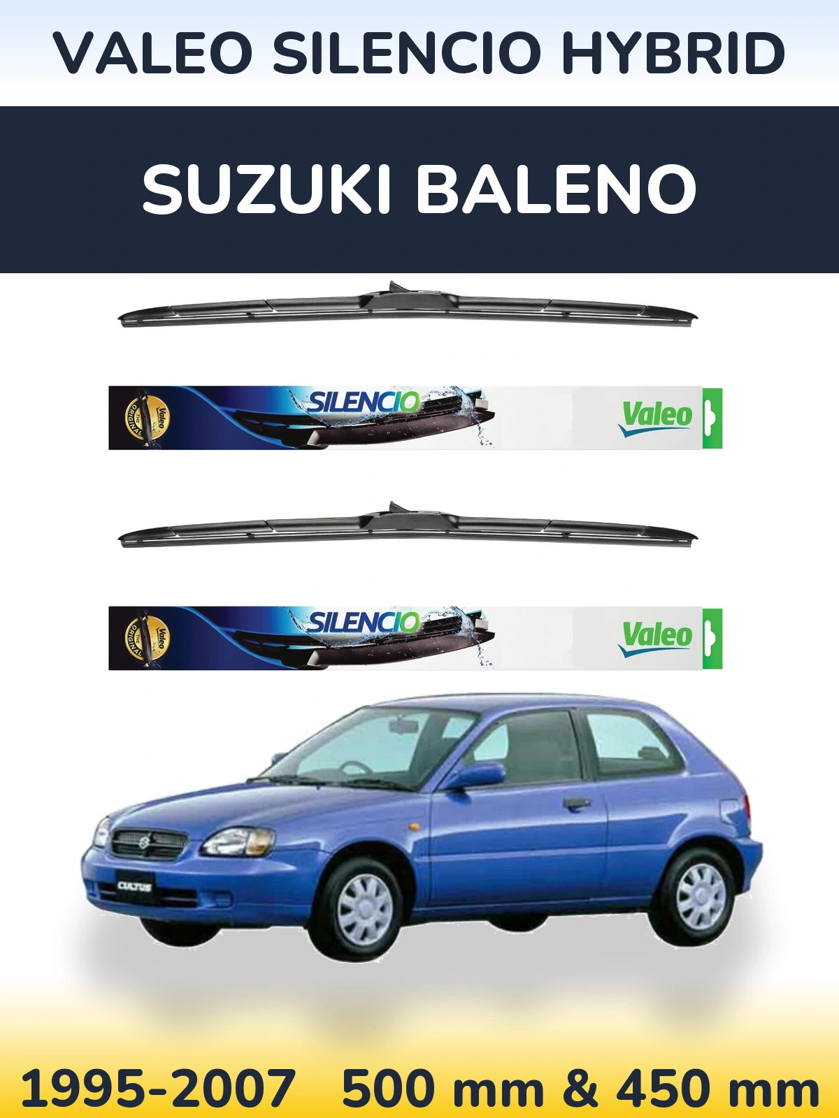 Front wiper blade set Valeo Silencio Hybrid 500 & 450 мм for Suzuki Baleno 1995-2007