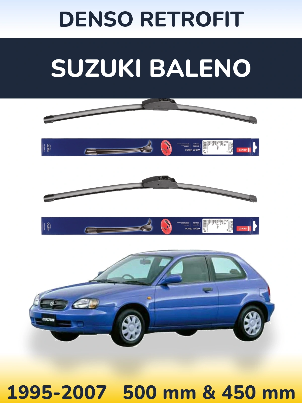 Front wiper blade set Denso Retrofit 500 & 450 мм for Suzuki Baleno 1995-2007