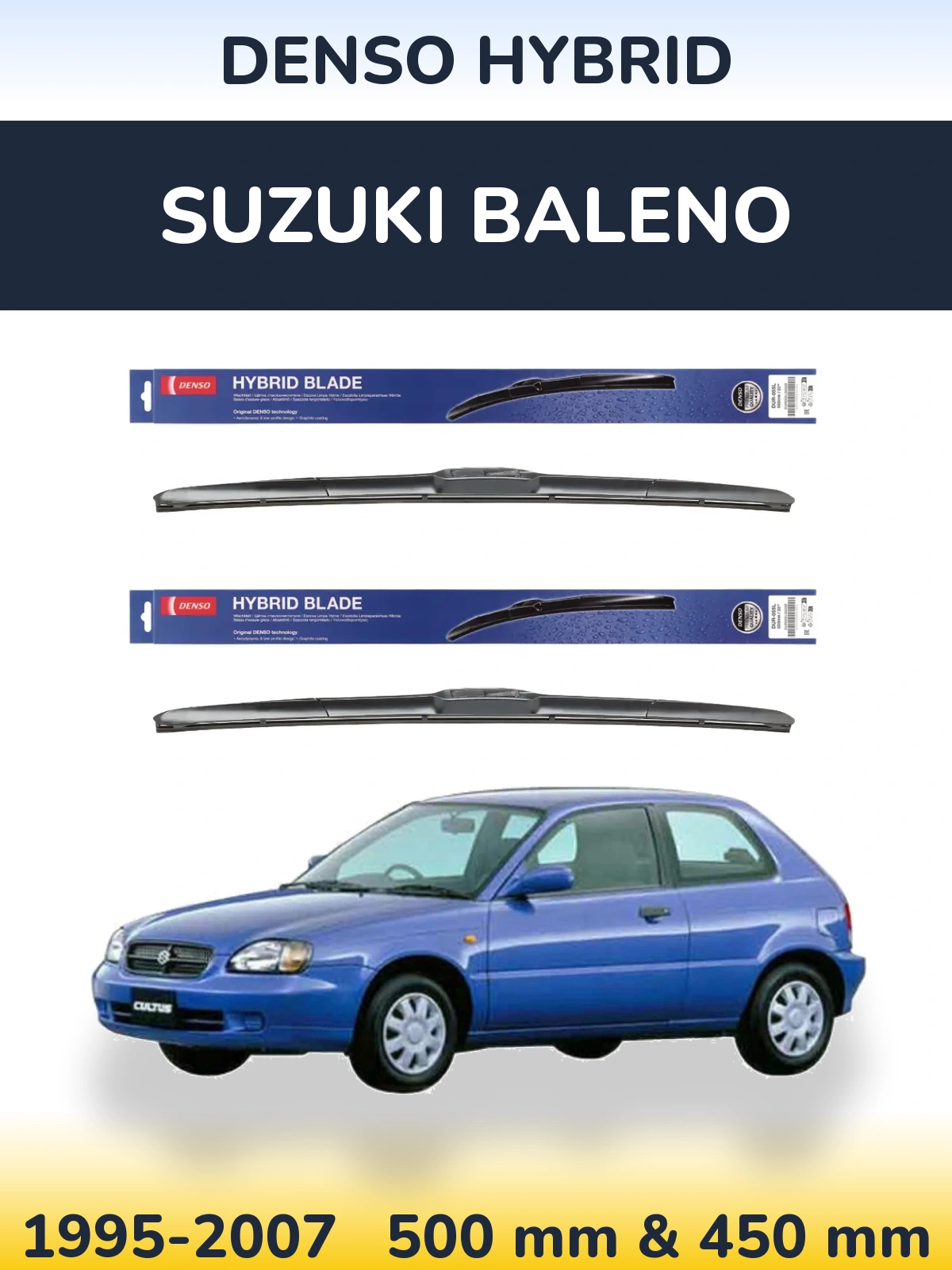 Front wiper blade set Denso Hybrid 500 & 450 мм for Suzuki Baleno 1995-2007