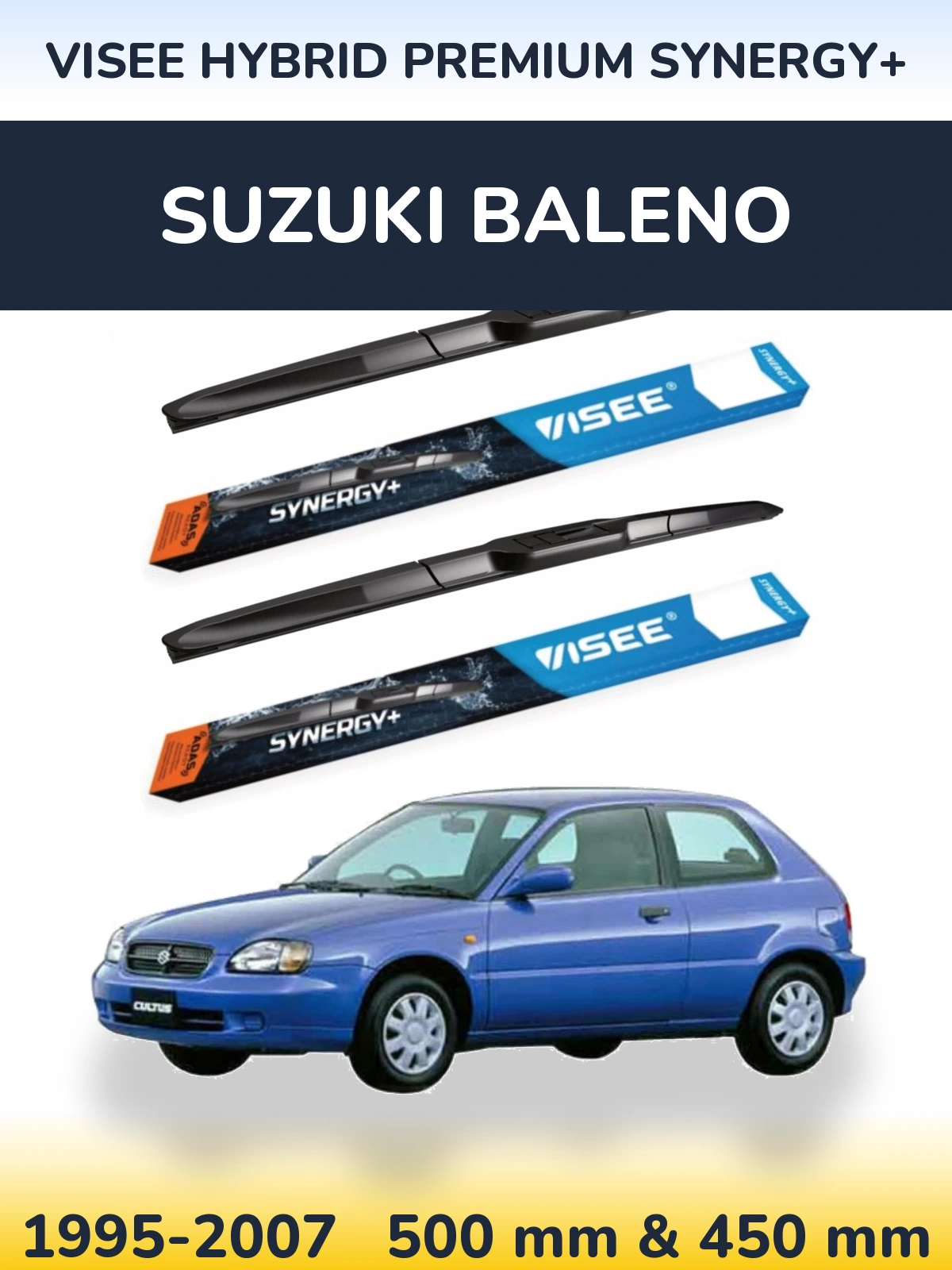 Front wiper blade set VISEE HYBRID PREMIUM SYNERGY+ 500 & 450 mm for Suzuki Baleno 1995-2007
