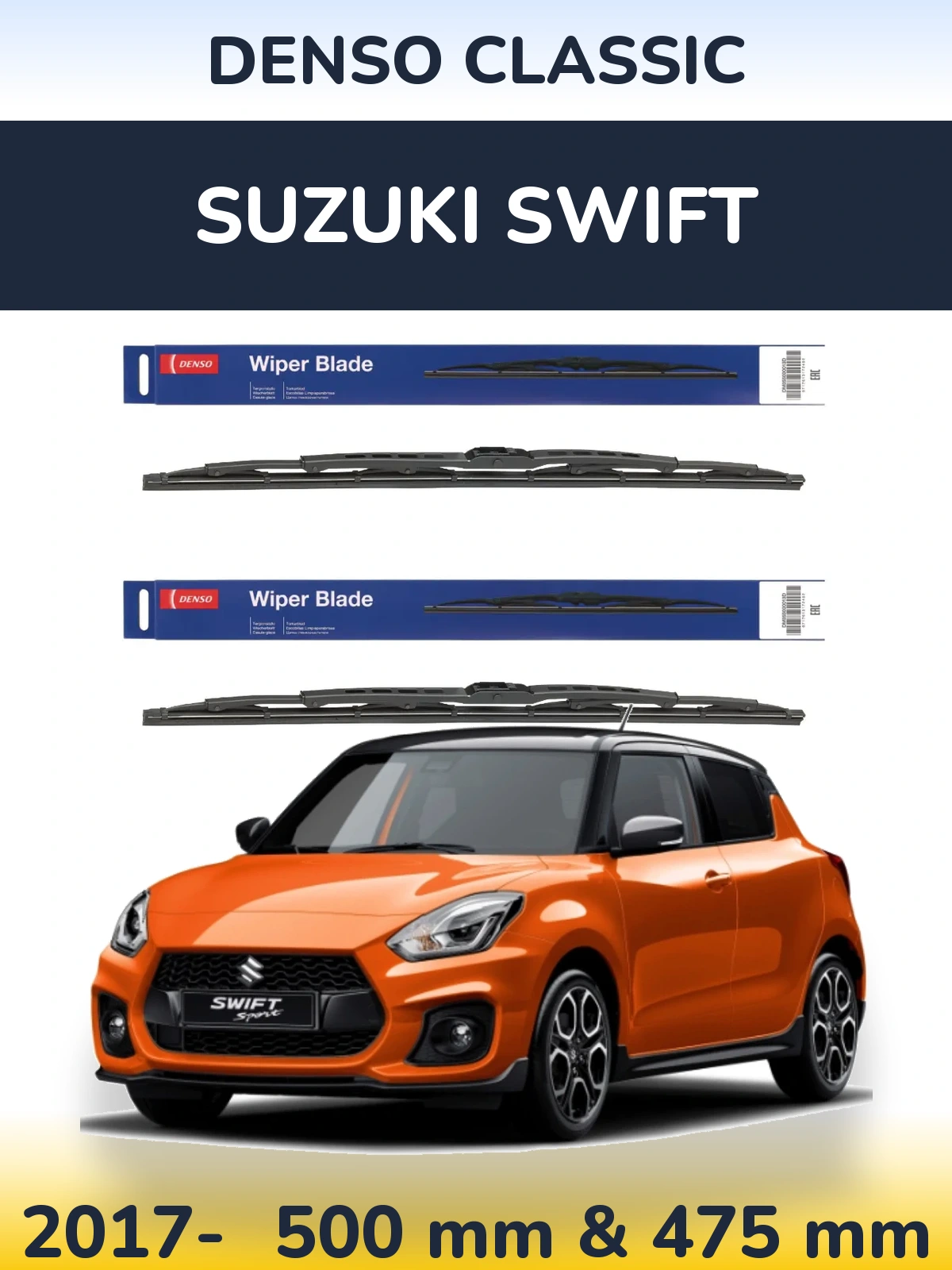 Front wiper blade set Denso Classic 500 & 475 mm for Suzuki Swift 2017-2026