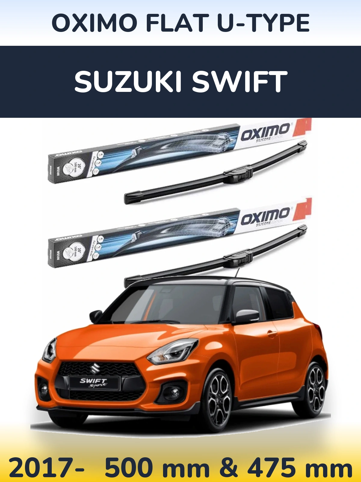 Комплект передних дворников Oximo Flat U-type 500 & 475 мм для Suzuki Swift 2017-2026