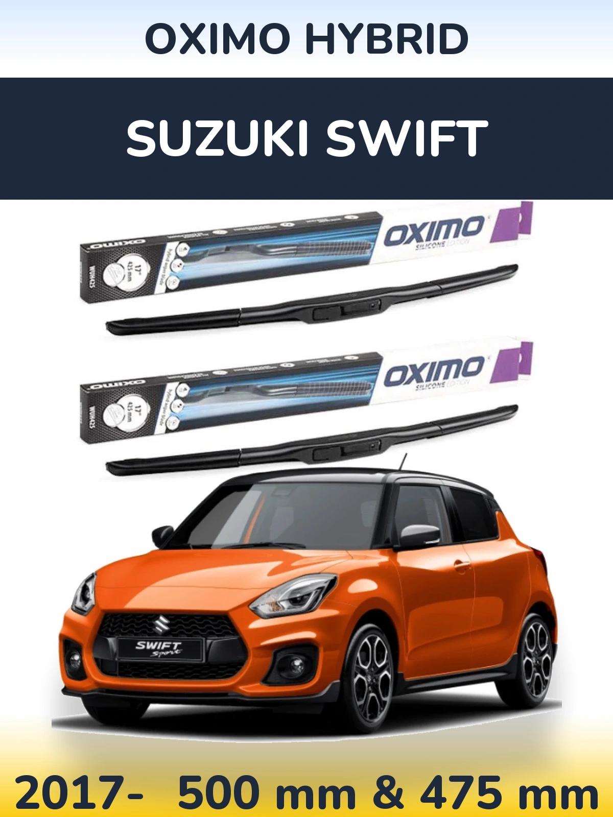 Комплект передних дворников Oximo Hybrid 500 & 475 мм для Suzuki Swift 2017-2026