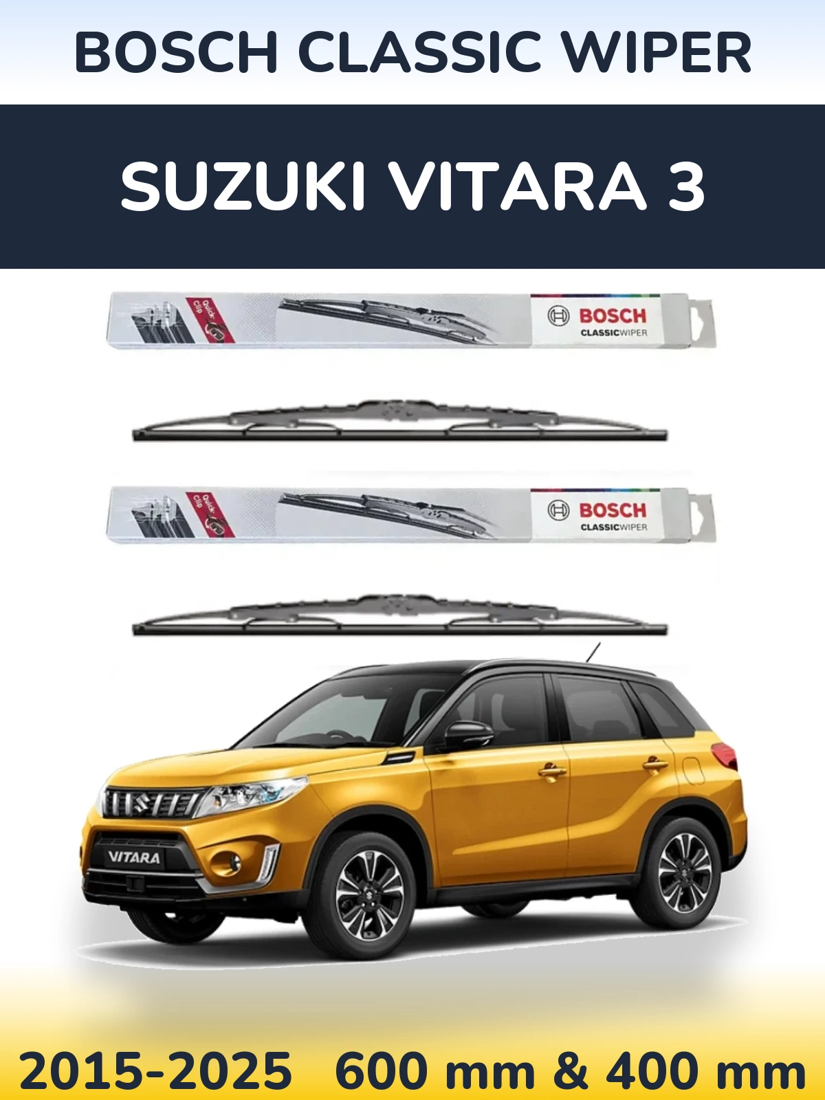 Front wiper blade set BOSCH Classic Wiper 600 & 400 мм for Suzuki Vitara 3 2015-2025
