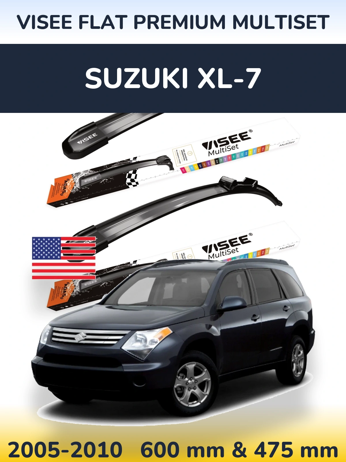 Комплект передних дворников VISEE FLAT PREMIUM MultiSet 600 & 475 мм для Suzuki XL-7 2005-2010