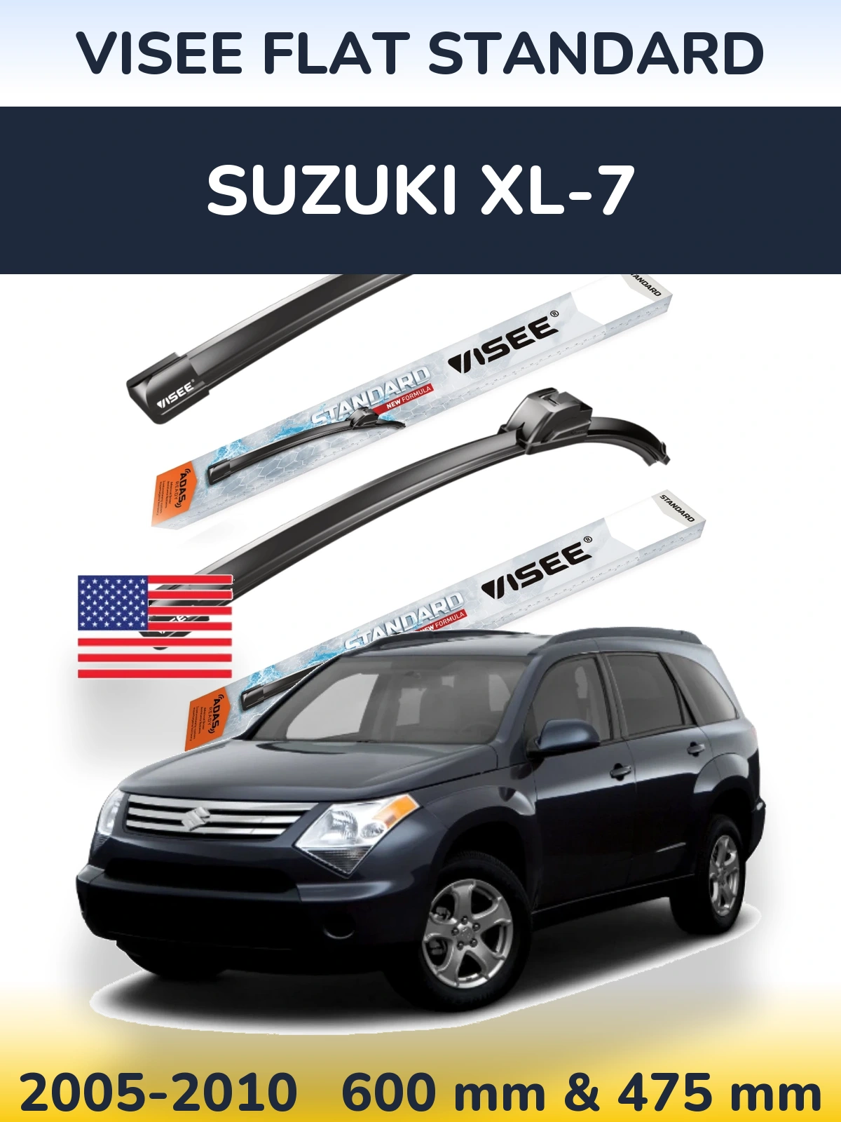 Komplet przednich wycieraczek VISEE FLAT STANDARD 600 & 475 mm do Suzuki XL-7 2005-2010