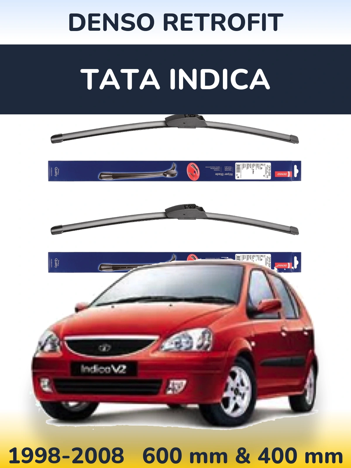 Front wiper blade set Denso Retrofit 600 & 400 mm for Tata Indica 1998-2008