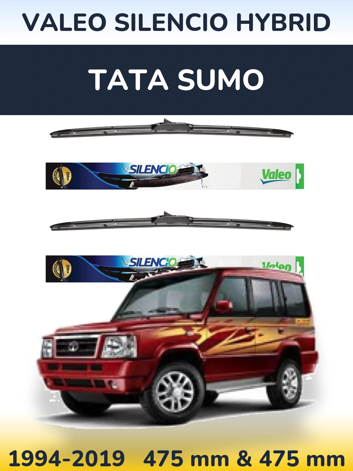 Komplet przednich wycieraczek Valeo Silencio Hybrid 475 & 475 mm do Tata Sumo 1994-2019