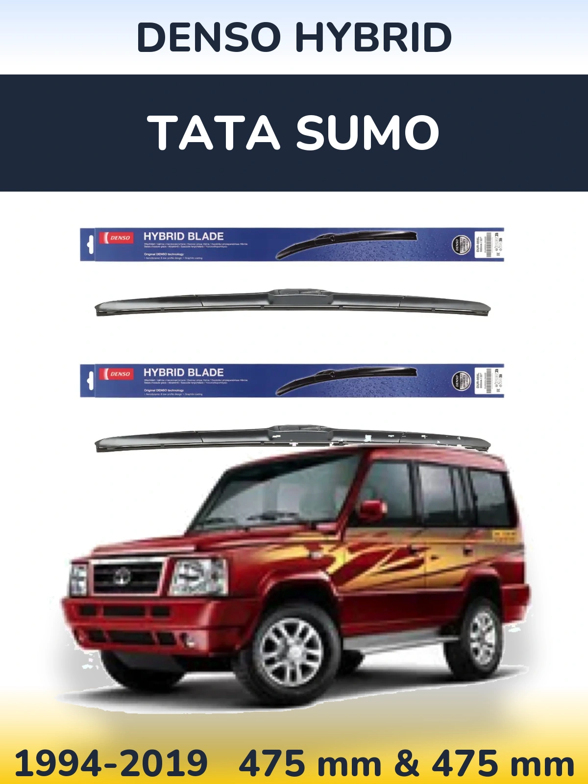 Front wiper blade set Denso Hybrid 475 & 475 мм for Tata Sumo 1994-2019