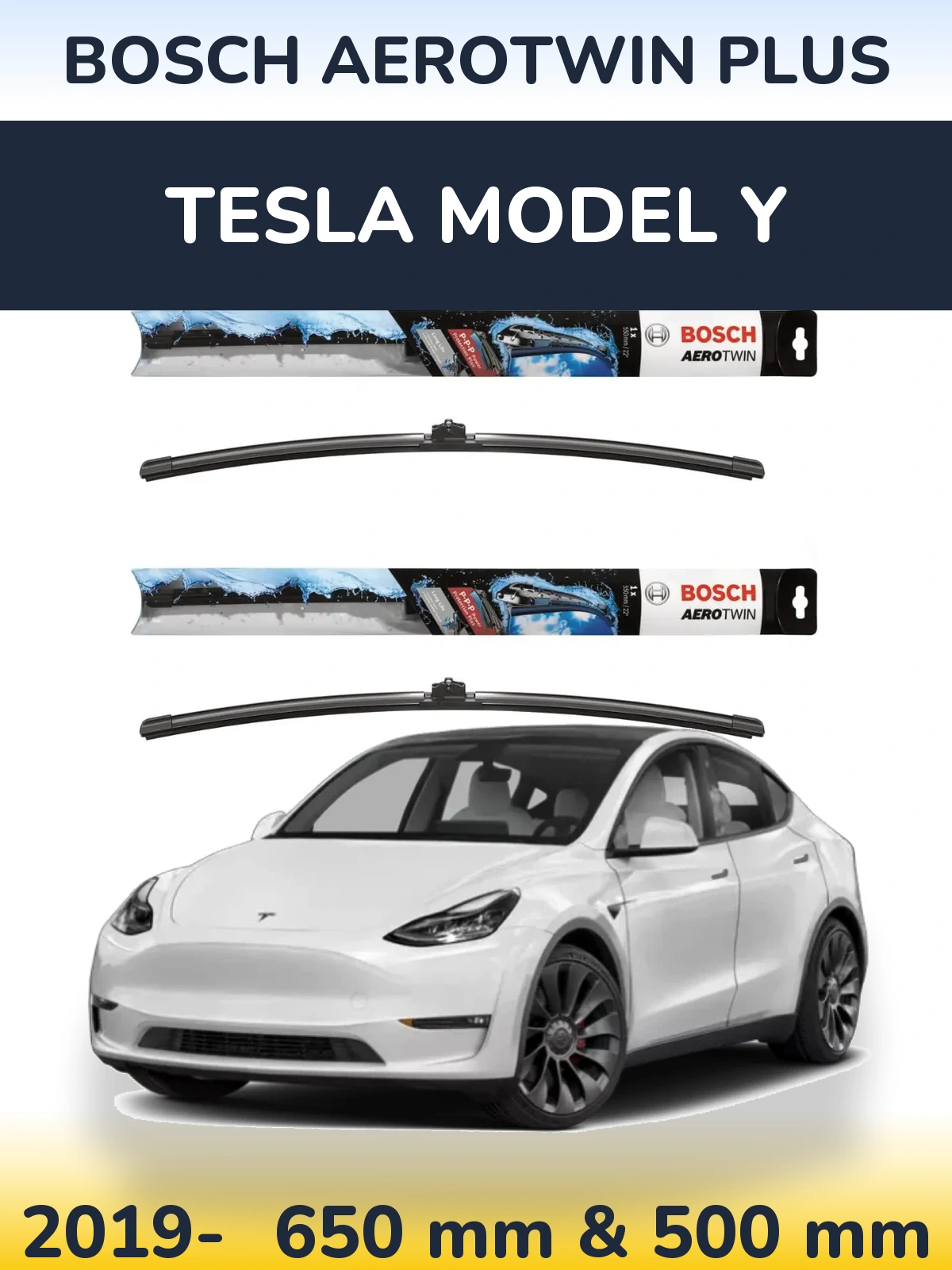 Front wiper blade set BOSCH AeroTwin Plus 650 & 500 mm for Tesla Model Y 2019-2026